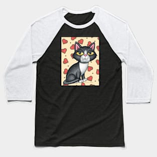 Cute Tuxedo kitty cat with surrounding hearts Baseball T-Shirt